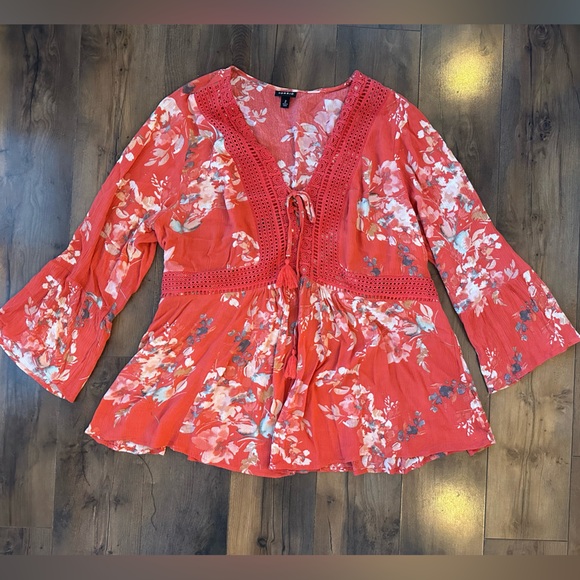 torrid Tops - Torrid Floral Boho Crochet Peplum Blouse 2 – Bell Sleeves, Tie Front, Rayon